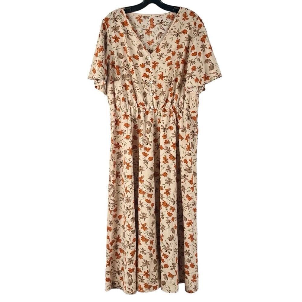 SHEIN Curve Fall Floral Leaf Cinch Waist Short Sleeve Dress 1XL